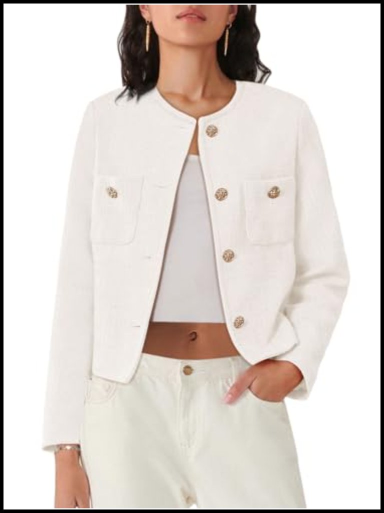 Women's Tweed Blazer Long Sleeve Button Down Cropped Casual Work Blazer With